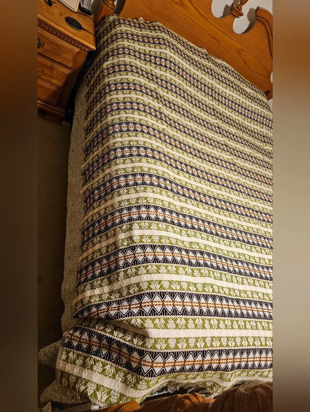 Vintage 70s Handwoven Cotton Geometric Queen Blanket Coverlet